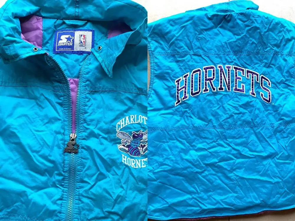 Charlotte Hornets 90s STARTER Vest puffer jacket L teal purple NBA vintage